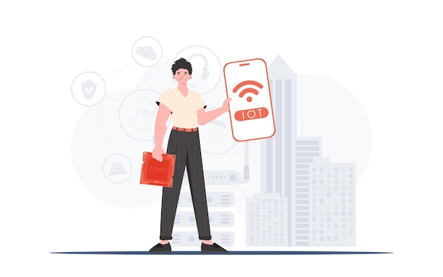 Concepto de Internet de las cosas El tipo sostiene un teléfono con el logotipo de IoT en sus manos Ilustración vectorial en un estilo moderno y plano