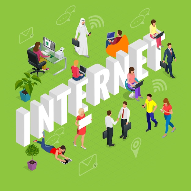 Concepto de Internet isomérico. Sitio web, computadora, en línea, red, tecnología, marketing en Internet, medios sociales, ilustración vectorial
