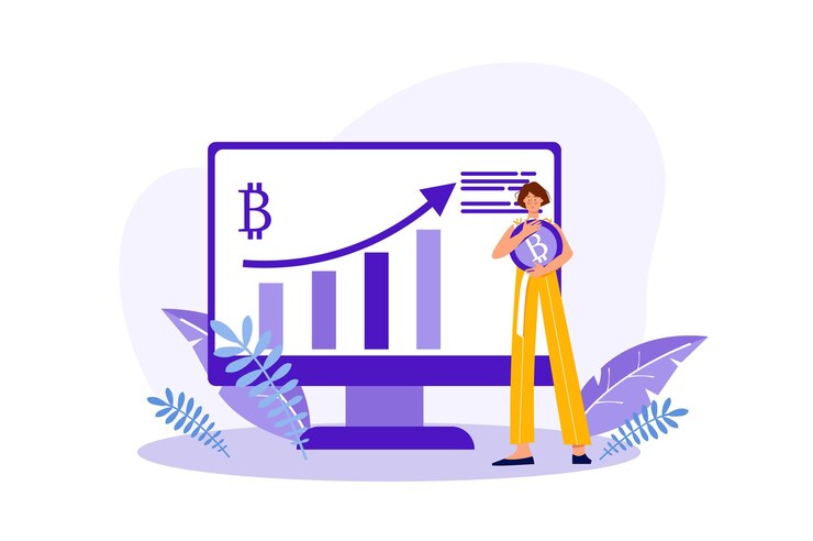 Vector concepto de inversión en criptomonedas con escena de personas en el estilo de dibujos animados planos la mujer sigue el curso sobre el intercambio de criptomonedas para hacer la inversión correcta ilustración vectorial