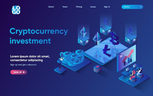 Concepto de inversión en criptomonedas Página de inicio web isométrica 3d La gente compra bitcoins litecoins