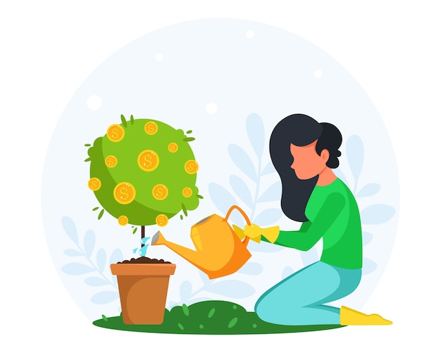 Concepto de inversión de dinero. Mujer regando y crece un árbol del dinero. ilustración en estilo plano.