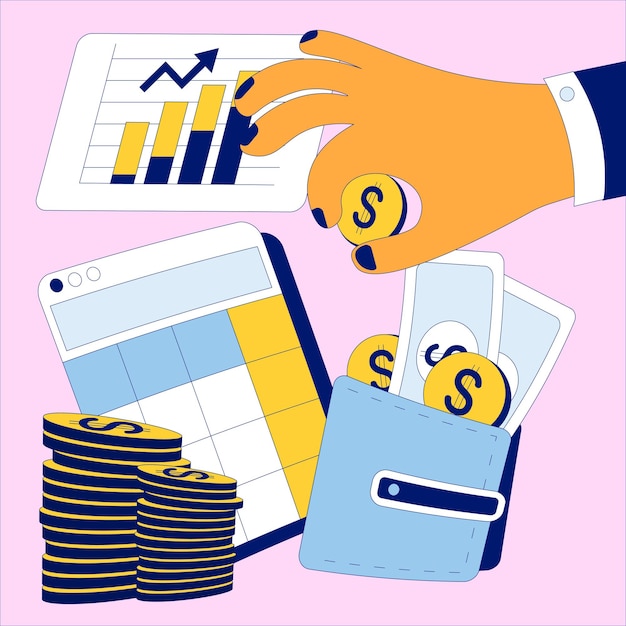 El concepto de inversión e ingresos La mano pone monedas en la billetera Ilustración vectorial plana