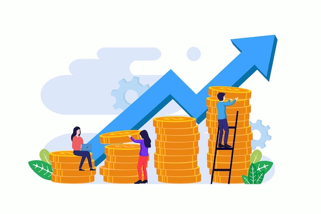 Concepto de inversión empresarial Gente recogiendo monedas dinero para el crecimiento de su vector plano de inversión