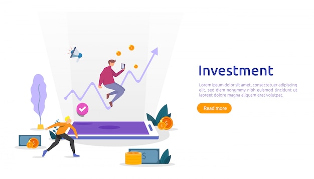 Concepto de inversión empresarial. Moneda de pila de dólares, carácter de personas, objeto de dinero. gráfico de aumento. Crecimiento financiero hasta el éxito. Ilustración de plantilla de página de destino de diseño plano