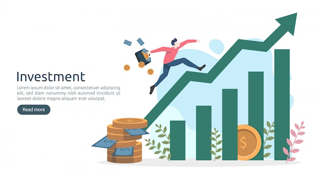 Concepto de inversión empresarial. moneda de pila de dólares, gente diminuta, dinero. plantilla de página de destino moderna