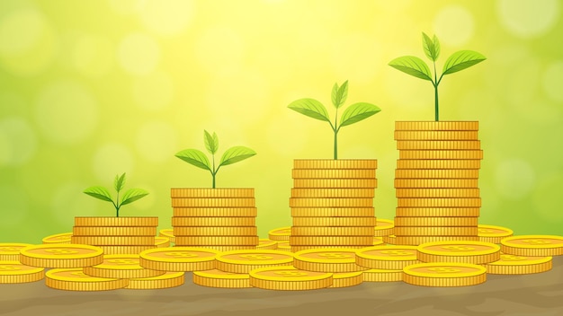 Concepto de inversión y finanzas de dinero creciente Planta verde que crece en la pila de monedas