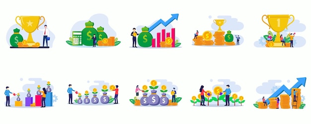 Concepto de inversión, la gente riega el árbol del dinero con monedas, aumenta el beneficio de la inversión financiera vect