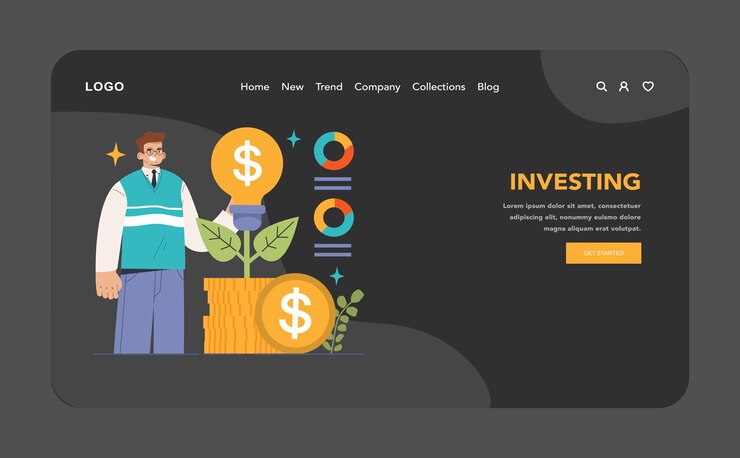 Vector concepto de inversión inteligente inversor confiado con pila de monedas y planta que crece a partir de una bombilla