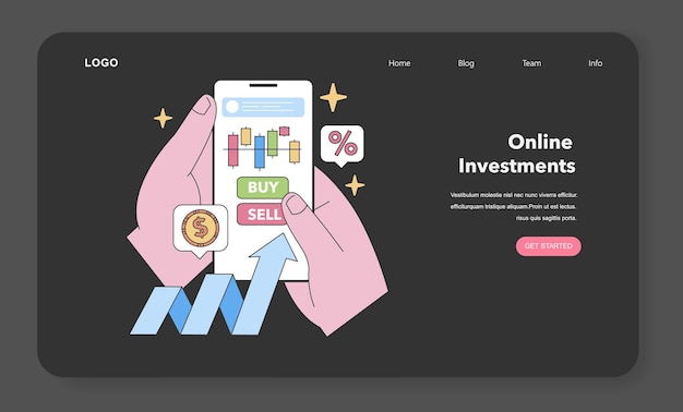 Vector el concepto de inversión en línea ilustra la facilidad de comprar y vender acciones a través de la mejora de los teléfonos inteligentes