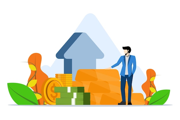 Concepto de inversión en oro con un inversor o empresario exitoso de pie junto a una pila de barras de oro