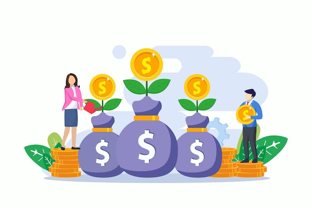 Concepto de inversión personas que riegan el árbol del dinero y las monedas aumentan el vector de ganancias de inversión financiera