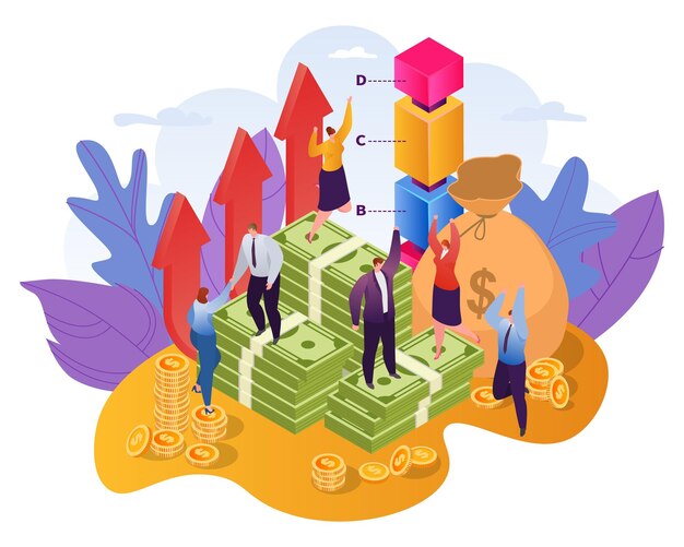 Concepto de inversión rentable de finanzas ilustración vectorial plana Personas inversores tallos de dólares estadísticas de crecimiento financiero