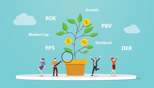 Concepto de inversión de valor con gran crecimiento de árboles con análisis de proporción de empresas como pbv eps der con estilo plano moderno