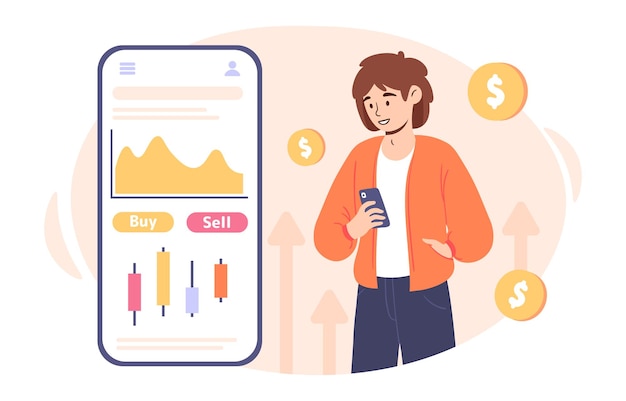 Concepto de inversiones financieras hombre con teléfono inteligente cerca de monedas de oro joven con efectivo y dinero