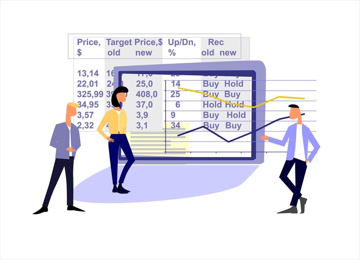 Vector concepto de investigación de acciones trabajo en equipo en el mercado de valores gerentes de ventas analistas gráfico de tabla de personas dibujadas a mano aislado en el blanco
