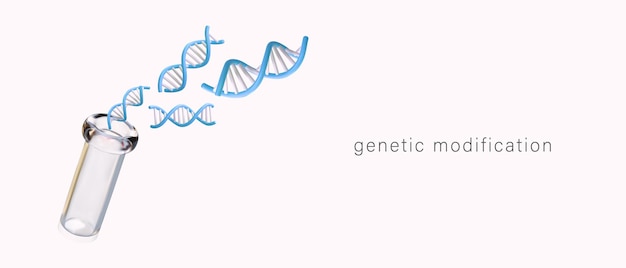 Concepto de investigación de ADN Concepto de modificación genética Póster con estructura de ADN azul 3d y matraz