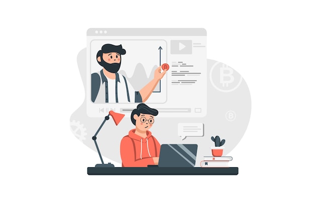 Vector concepto de investigación de criptomonedas en diseño plano el hombre analiza el dinero digital y la tecnología blockchain estudia tutoriales en video sobre cómo iniciar negocios criptográficos ilustración vectorial con escena de personas para web