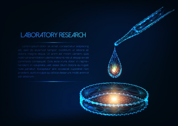 Concepto de investigación de laboratorio futurista con gota de líquido de pipeta poligonal baja brillante y placa de petri