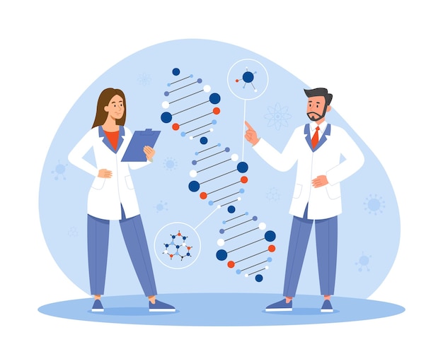 Concepto de investigación de laboratorio Hombre y niña junto a la estructura celular del ADN Médicos investigan biología de virus Desarrollo de fármacos o vacunas para proteger la ciencia de la salud Ilustración de vector plano de dibujos animados