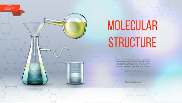 Concepto de investigación de laboratorio realista con estructura molecular y equipo de laboratorio para experimentos químicos en ilustración brillante