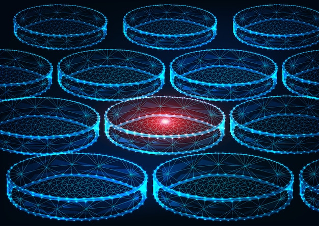 Concepto de investigación de medicina futurista con brillantes placas de Petri de laboratorio poligonal bajo sobre fondo azul oscuro.