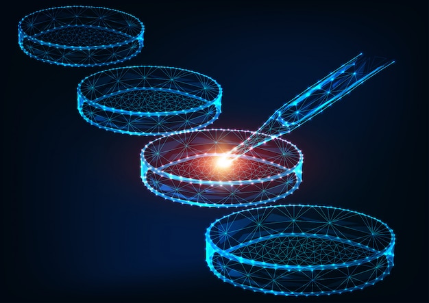 Concepto de investigación de medicina futurista con placas de Petri poligonales brillantes bajas y pipeta de laboratorio