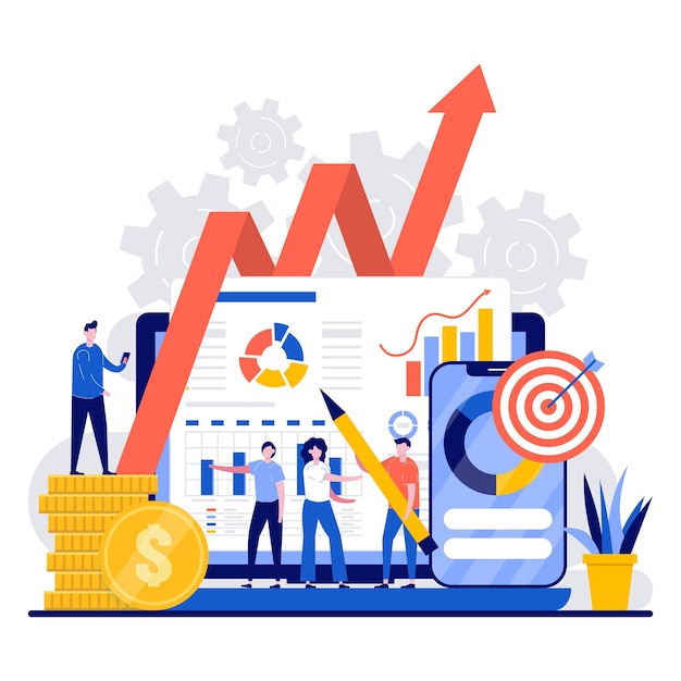 Vector concepto de investigación de mercado financiero y de marketing con carácter de personas pequeñas de trabajo en equipo