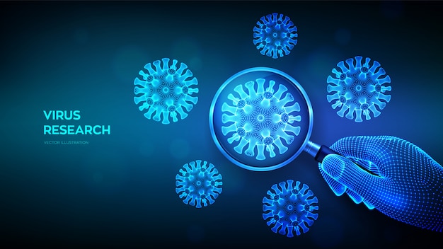 Concepto de investigación de virus con lupa en mano y bacteria novedosa abstracta coronavirus 2019-nCov. Lupa y células de virus COVID-19 de cerca.