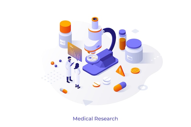 Concepto con investigadores en batas de laboratorio, pastillas de microscopio, tubos de ensayo, investigación médica, experimento de laboratorio científico, análisis químico, plantilla de diseño isométrico, ilustración vectorial