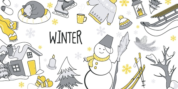 Concepto de invierno para diseño de banner con patrón de garabato de línea plana Textura de dibujo a mano con muñeco de nieve suéter de esquí taza gato bufanda hogar árbol pino linterna y copos de nieve Ilustración vectorial para web