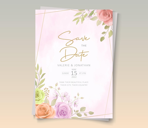 Concepto de invitación de boda con hermosas rosas y hojas
