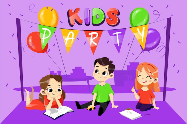 Concepto de invitación de fiesta de niños. Los niños sonrientes jovenes felices con los globos multicolores y las decoraciones están jugando. Invitación fiesta de cumpleaños