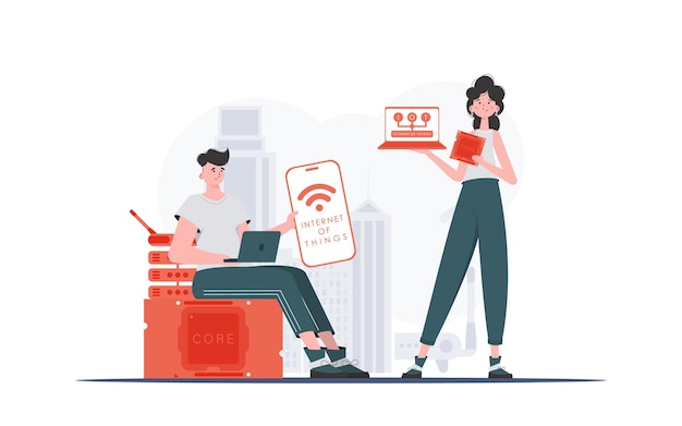 Concepto de IoT La chica y el chico son un equipo en el campo de Internet de las cosas Bueno para presentaciones y sitios web Estilo plano de moda Vector