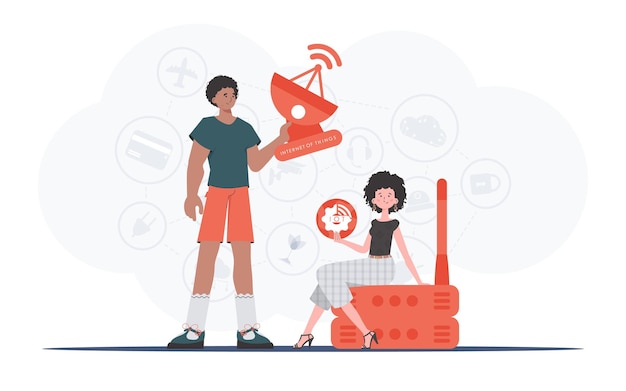 Concepto de IoT La chica y el chico son un equipo en el campo de IoT Bueno para presentaciones y sitios web Estilo plano de moda Vector