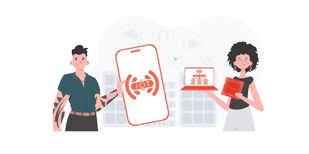Concepto de IoT Un hombre y una mujer son un equipo en el campo de Internet de las cosas Bueno para presentaciones y sitios web Ilustración vectorial