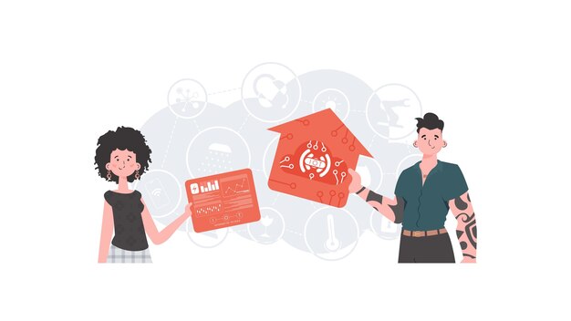 Concepto de IoT Un hombre y una mujer son un equipo en el campo de Internet de las cosas Bueno para sitios web y presentaciones Estilo plano de moda Vector