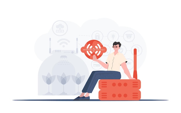 Concepto de IoT Un hombre sostiene un icono de Internet en sus manos Enrutador y servidor Bueno para sitios web y presentaciones Estilo plano de moda Ilustración vectorial