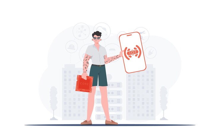 Vector concepto de iot un hombre sostiene un teléfono con el logotipo de iot en sus manos estilo plano de moda ilustración vectorial