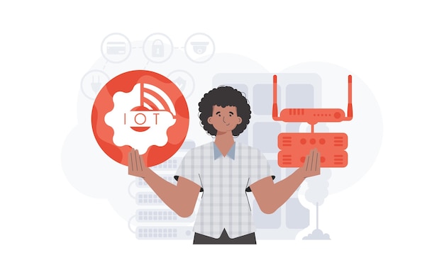 Concepto de IoT Un hombre tiene el logotipo de Internet de las cosas en sus manos Enrutador y servidor Bueno para presentaciones y sitios web Estilo plano de moda Ilustración vectorial