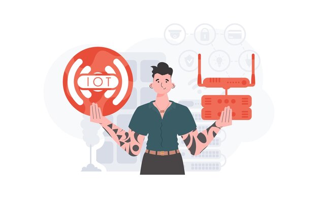 Concepto de IoT Un hombre tiene el logotipo de Internet de las cosas en sus manos Enrutador y servidor Bueno para sitios web y presentaciones Estilo plano de moda Ilustración vectorial