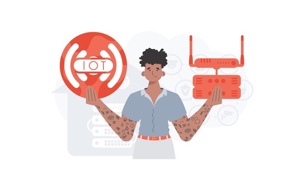 Concepto IoT Un hombre tiene el logotipo de Internet de las cosas en sus manos Enrutador y servidor Bueno para sitios web y presentaciones Ilustración vectorial en estilo moderno y plano