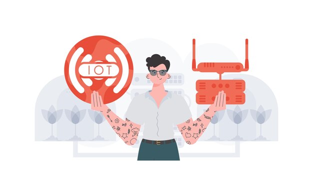 Concepto IoT Un hombre tiene el logotipo de Internet de las cosas en sus manos Enrutador y servidor Bueno para sitios web y presentaciones Ilustración vectorial en estilo plano