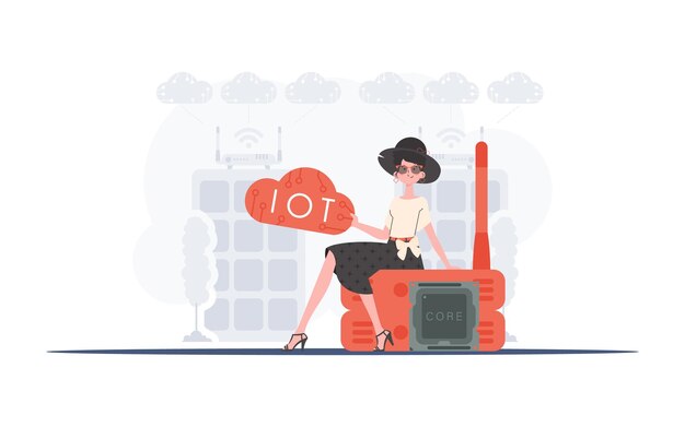 Concepto de IoT Una mujer se sienta en un enrutador y sostiene el logotipo de Internet de las cosas en sus manos Ilustración vectorial en un estilo moderno y plano