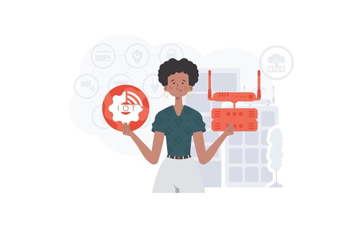 Vector concepto de iot una mujer sostiene un icono de internet en sus manos enrutador y servidor bueno para presentaciones y sitios web estilo plano de moda ilustración vectorial