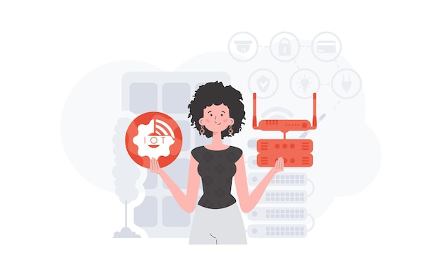 Concepto de IoT Una mujer sostiene un icono de Internet en sus manos Enrutador y servidor Bueno para presentaciones y sitios web Ilustración vectorial en estilo plano