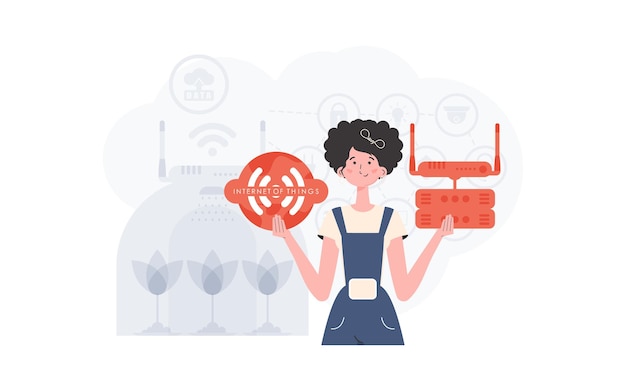 Concepto de IoT Una mujer sostiene un icono de Internet en sus manos Enrutador y servidor Bueno para sitios web y presentaciones Estilo plano de moda Ilustración vectorial