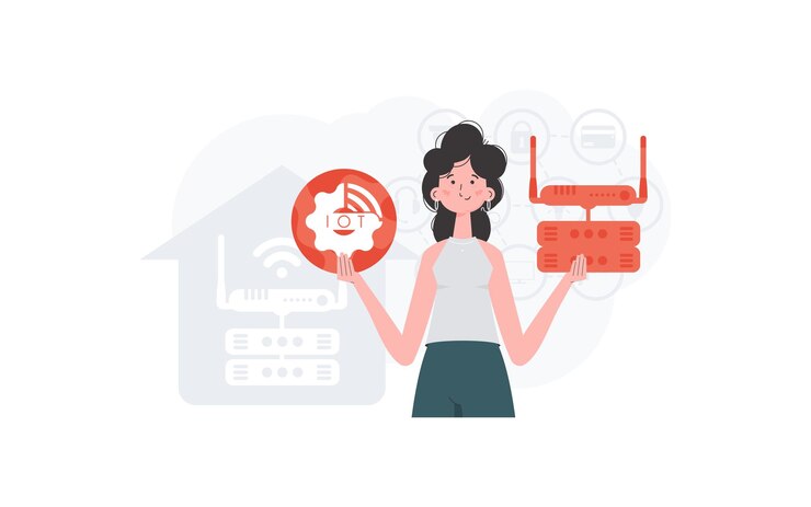 Vector concepto iot una mujer sostiene un icono de internet en sus manos enrutador y servidor bueno para sitios web y presentaciones ilustración vectorial en estilo plano