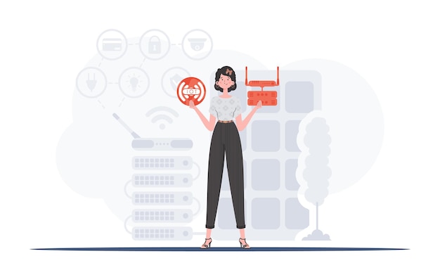 Concepto de IoT Una mujer sostiene el logotipo de Internet de las cosas en sus manos Enrutador y servidor Bueno para presentaciones y sitios web Estilo plano de moda Ilustración vectorial