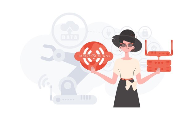 Concepto IoT Una mujer sostiene el logotipo de Internet de las cosas en sus manos Enrutador y servidor Bueno para presentaciones y sitios web Ilustración vectorial en estilo plano
