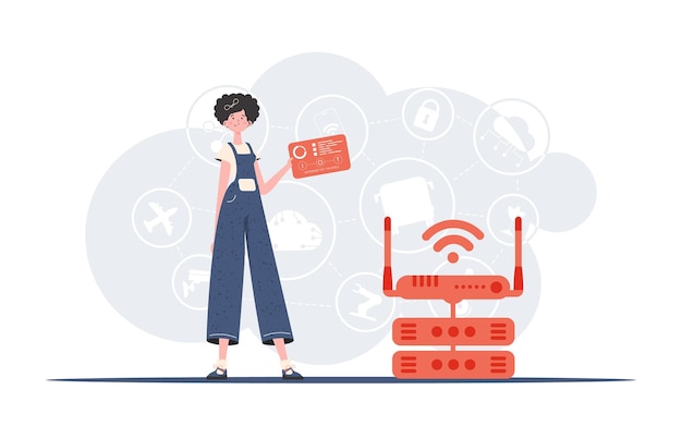 Concepto de IoT Una mujer sostiene un panel con analizadores e indicadores en sus manos Bueno para sitios web y presentaciones Estilo plano de moda Vector